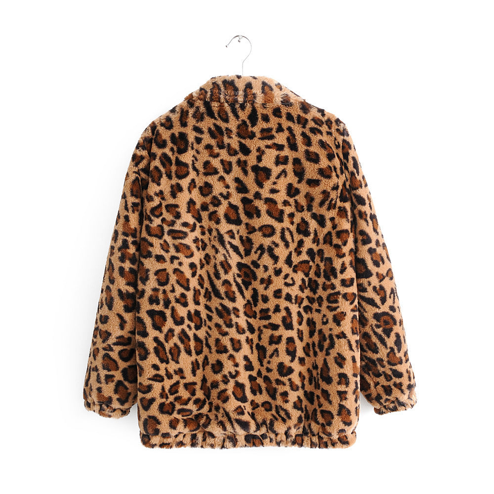 Damen Kunstfelljacke mit Leopardenmuster, durchgehendem Reißverschluss und elastischem Saum Echo Archiv