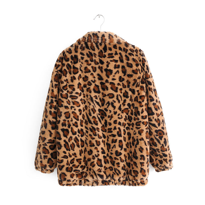 Damen Kunstfelljacke mit Leopardenmuster, durchgehendem Reißverschluss und elastischem Saum Echo Archiv