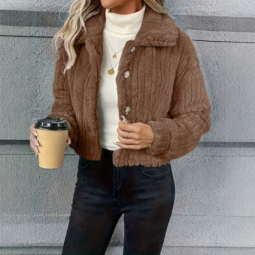 Damen Kurzjacke Teddy-Fleece mit Knopfverschluss und weitem Hemdkragen Echo Archiv