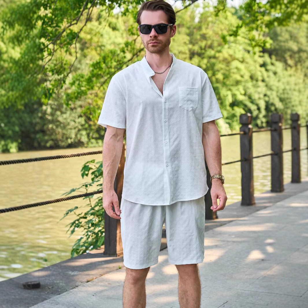 Herren Kurzarm-Hemd und Shorts Set mit modernem Stehkragen und atmungsaktiver Struktur Echoarchiv