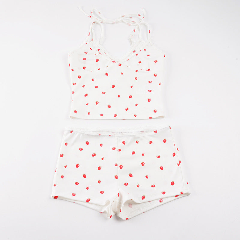 Damen Pyjama-Set mit verspieltem Früchte-Muster und Spaghetti-Trägern Echo Archiv