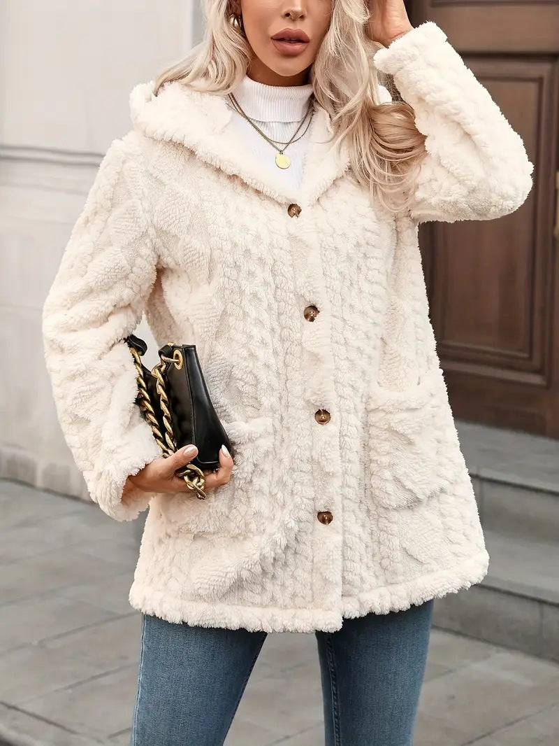 Damen Kuschelige Teddyjacke mit Kapuze, Knopfleiste und aufgesetzten Taschen Echo Archiv