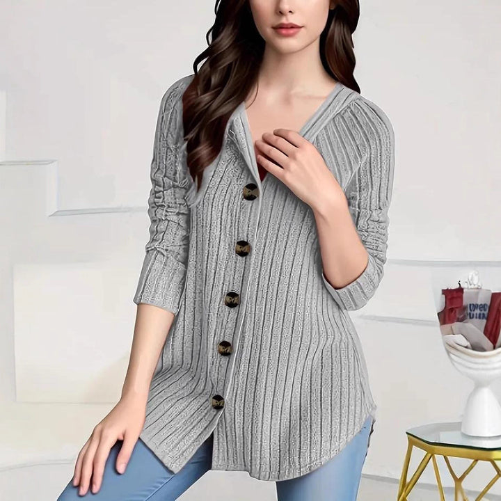 Damen nan kaschierender gerippter Strickcardigan mit V-Ausschnitt und dekorativen Knöpfen Echo Archiv