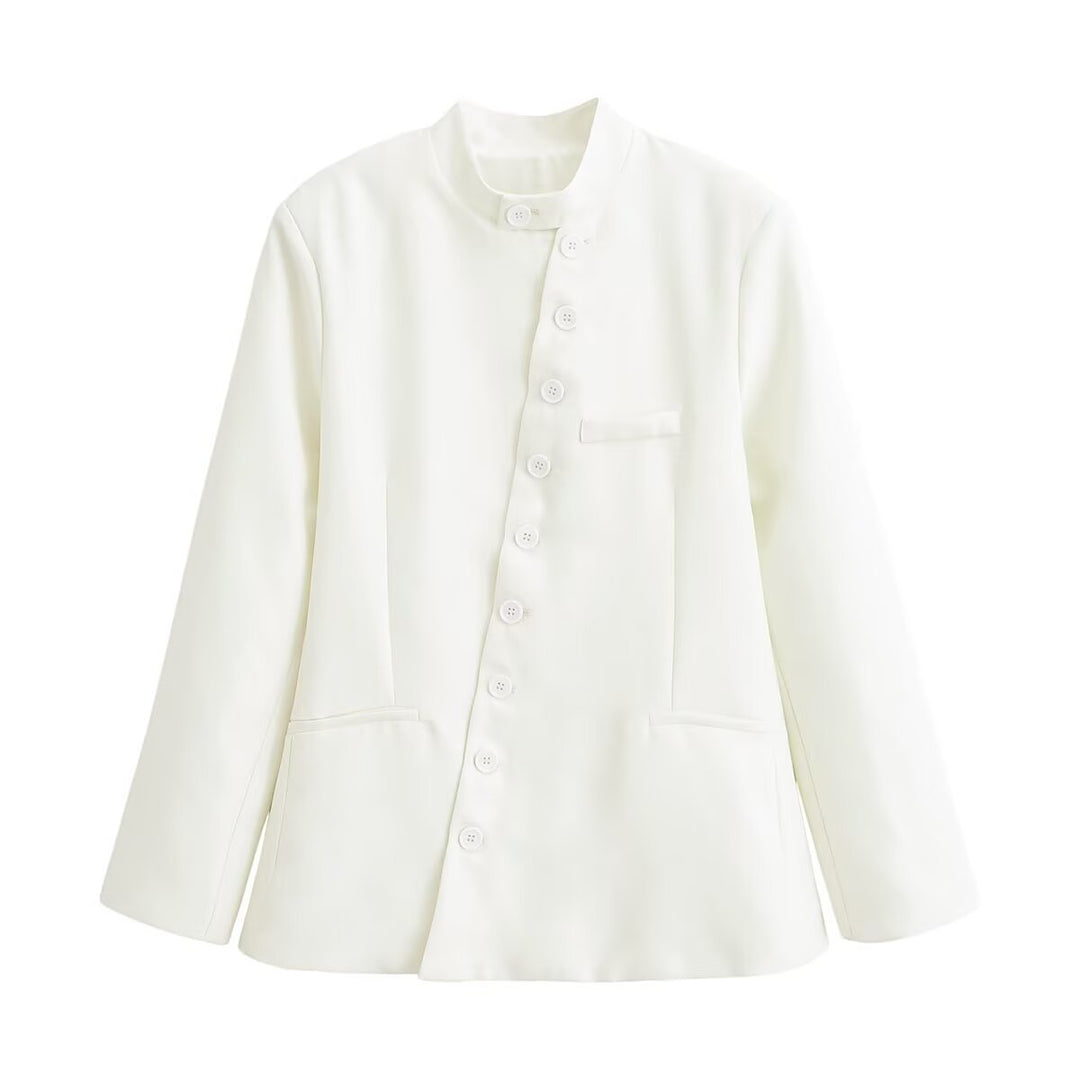 Damen Taillierte Blazer‑Jacke mit Stehkragen, asymmetrischer Knopfleiste und Eingrifftaschen Echo Archiv