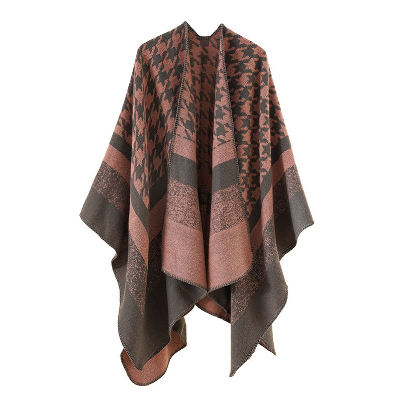 Damen Oversize‑Ruana‑Poncho aus Wollmix mit Hahnentritt- und Blockjacquard – Célinea