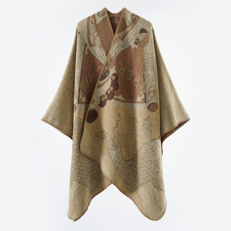 Damen Jacquard-Strick Cape mit Koi-Motiv und weitem Oversize-Fall Echo Archiv