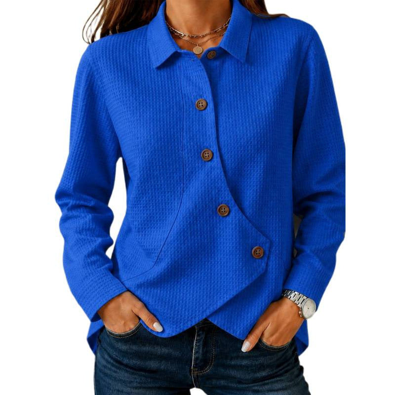 Damen strukturierte Waffel-Hemdjacke mit asymmetrischer Knopfleiste und Eingrifftasche – Célinea