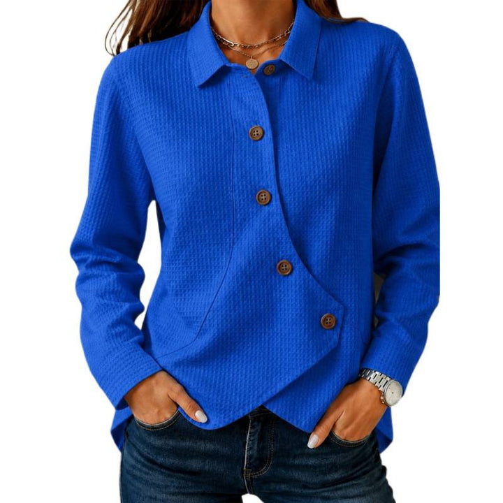 Damen strukturierte Waffel-Hemdjacke mit asymmetrischer Knopfleiste und Eingrifftasche – Célinea