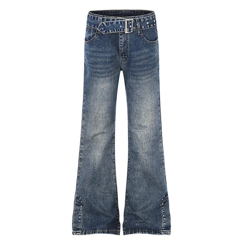 Damen High-Waist Flared-Denimjeans mit Nietenbesatz, weitem Schlag und Ziergürtel Echoarchiv