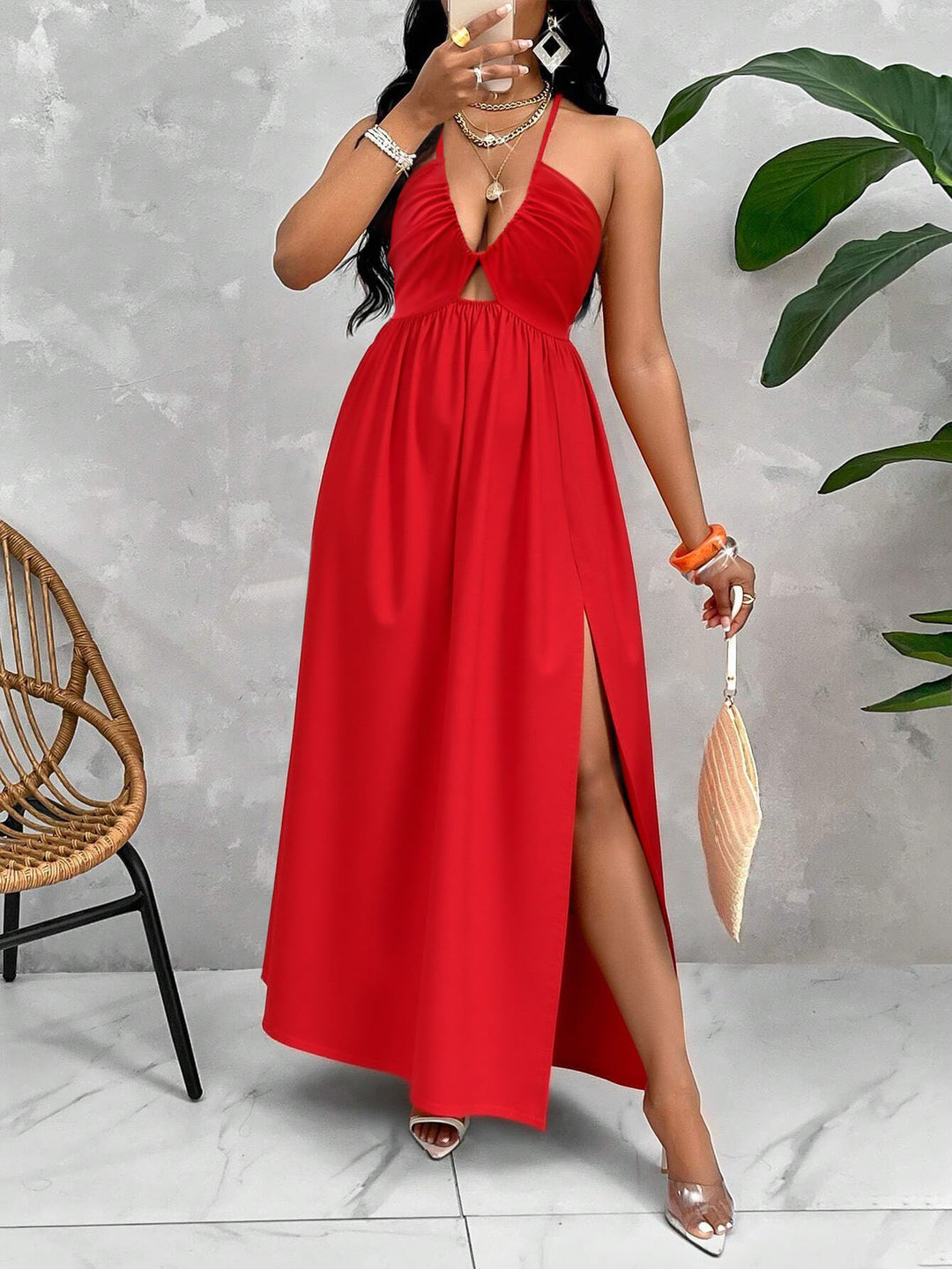 Damen Maxikleid mit tiefem V-Ausschnitt und seitlichem Schlitz Echo Archiv