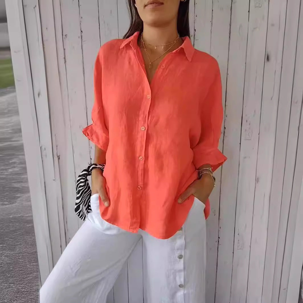 Damen Leichte und luftige Bluse aus reinem Leinen mit Knopfleiste und breiten Ärmeln Echoarchiv