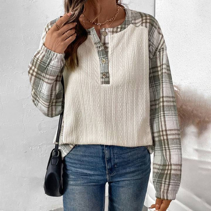 Damen Langärmeliges Strick-Blend-Shirt mit Karo-Ärmeln, Henley-Knopfleiste & Strukturmix Echoarchiv