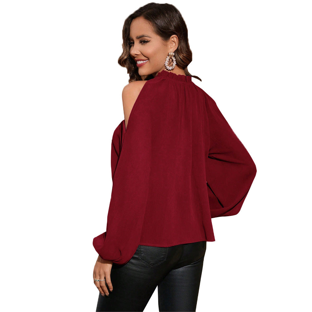 Damen schulterfreies Chiffon-Blusenshirt mit gerafftem Stehkragen und Ballonärmeln – Élovi