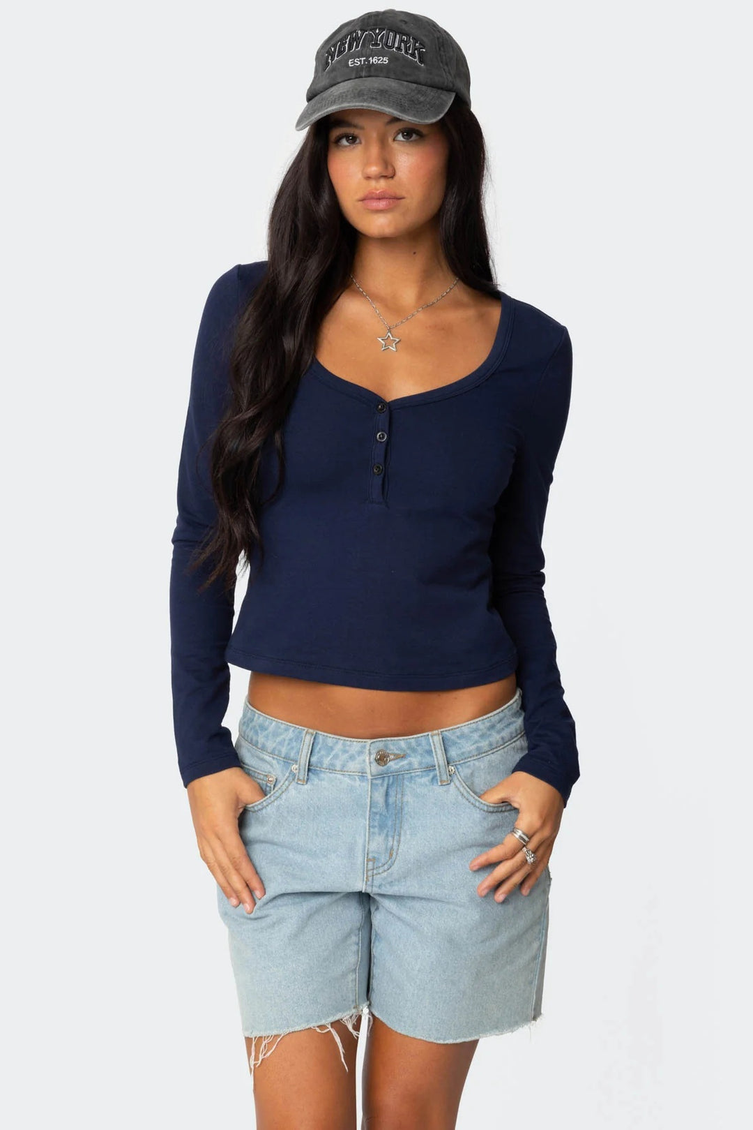Damen Cropped Langarmhemd mit Knopfleiste und weichem Stoff Echo Archiv