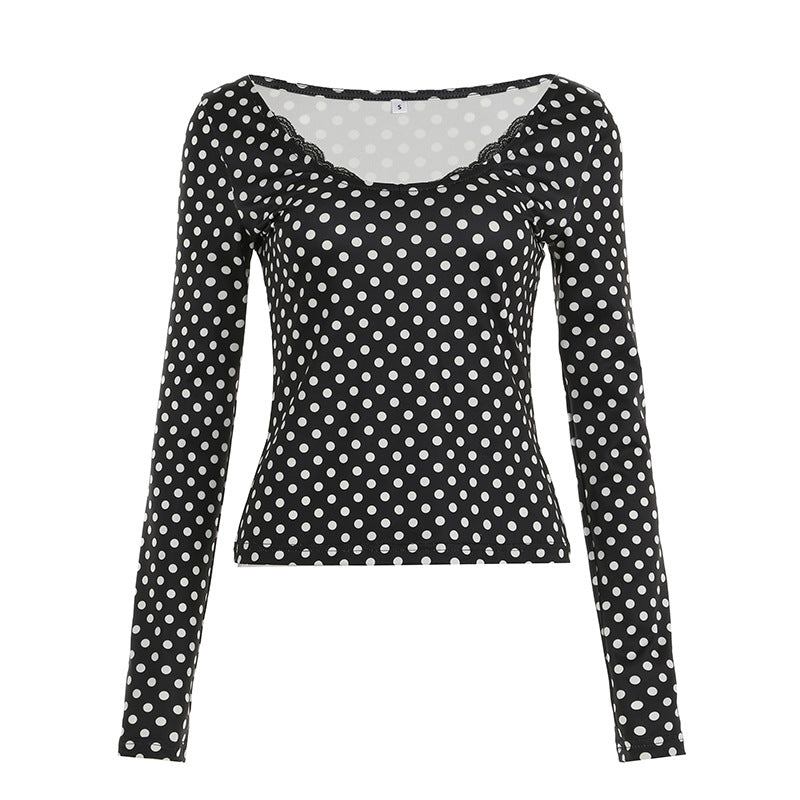 Damen nan figurbetontes Punktmuster‑Longsleeve mit Spitzenrand und dezentem Raffungseinsatz Echo Archiv