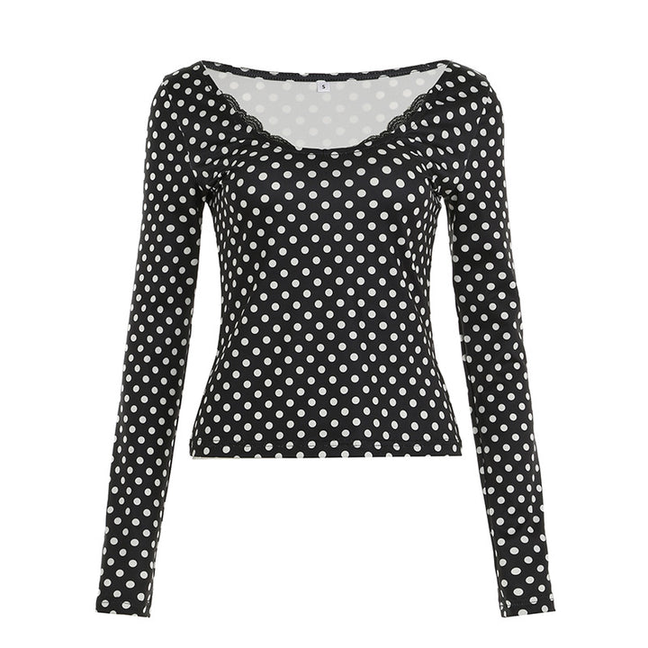 Damen nan figurbetontes Punktmuster‑Longsleeve mit Spitzenrand und dezentem Raffungseinsatz Echo Archiv