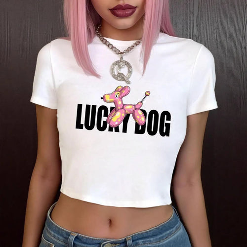 Damen Crop-Top T-Shirt mit lustigem Ballonhund-Design Echo Archiv