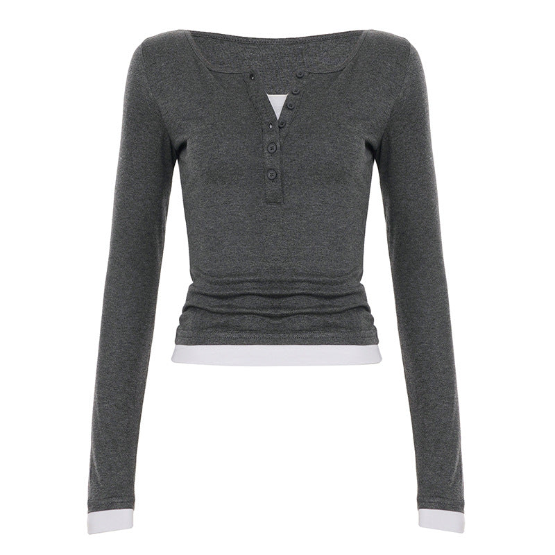 Damen nan tailliertes Henley-Crop-Longsleeve mit kontrastierenden Saum- und Ärmelbündchen Echo Archiv