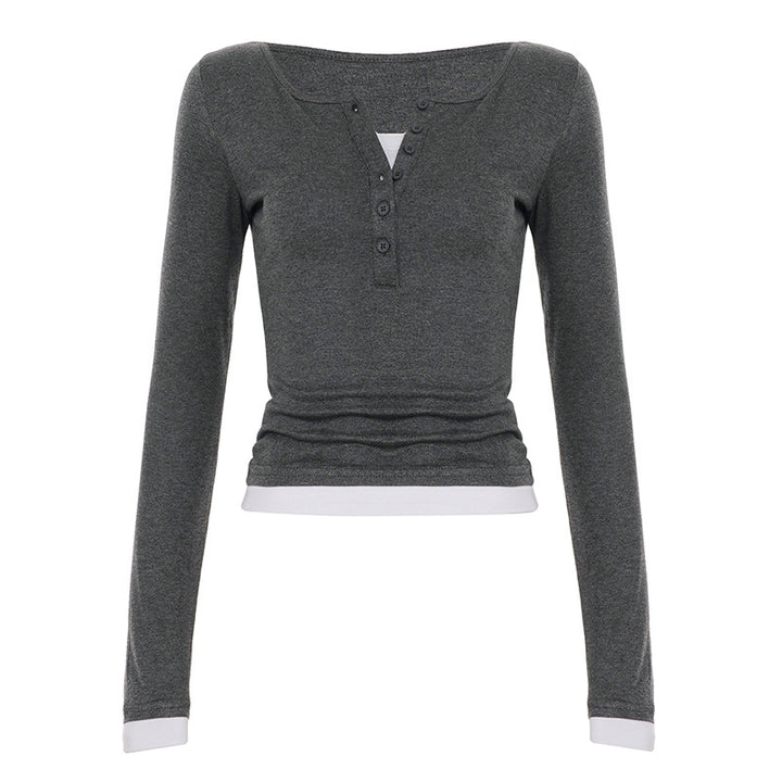 Damen nan tailliertes Henley-Crop-Longsleeve mit kontrastierenden Saum- und Ärmelbündchen Echo Archiv