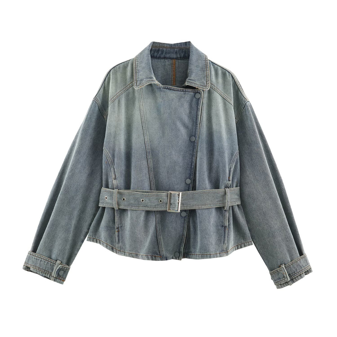 Damen Jeansjacke mit Taillengürtel und asymmetrischer Druckknopfleiste Echoarchiv