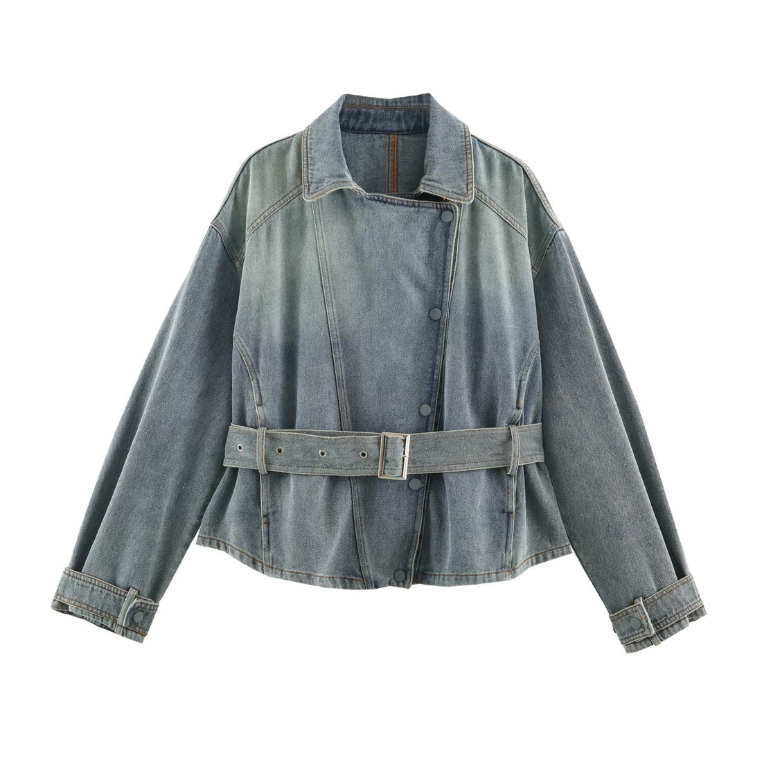 Damen Jeansjacke mit Taillengürtel und asymmetrischer Druckknopfleiste Echoarchiv