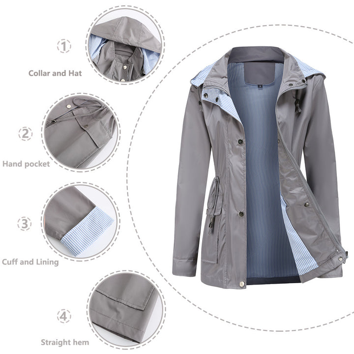 Damen nan leichte wasserdichte Regenjacke mit Kapuze und Taillenzug Echo Archiv
