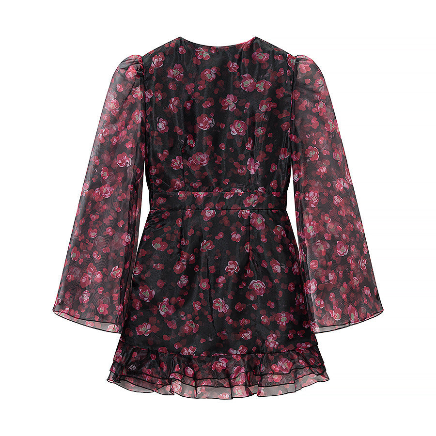 Damen Florales Chiffon-Minikleid mit tiefem V‑Ausschnitt, Rüschenstufen und Trompetenärmeln Echo Archiv