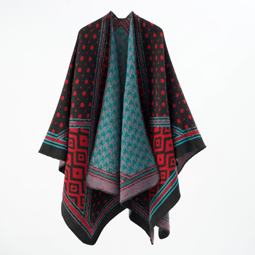 Damen Gewebter Jacquard‑Capeponcho mit Hahnentritt‑ und Ornamentmix Echo Archiv