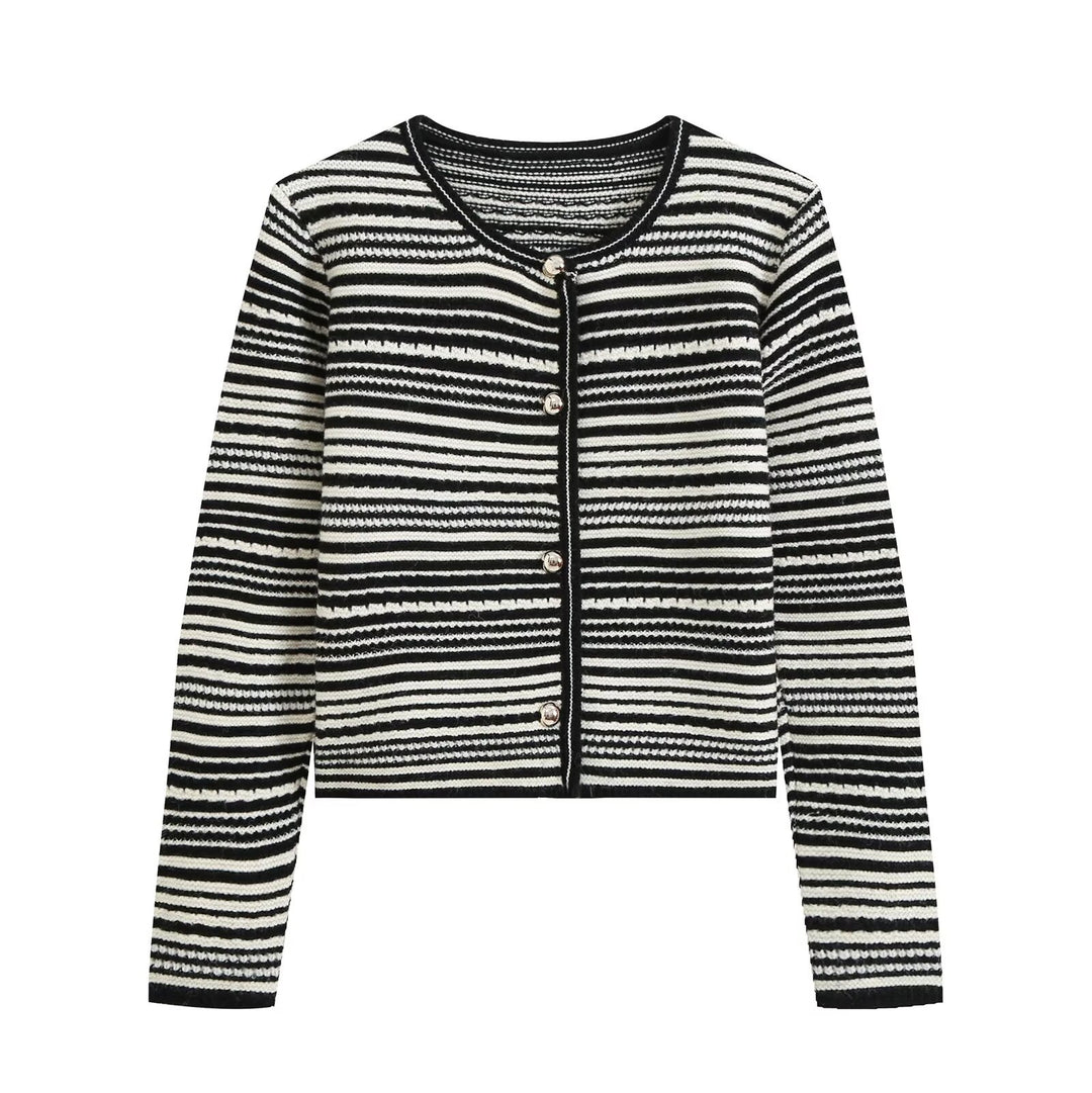 Damen gestreifte Kurzstrickjacke mit Rundhals und dekorativen Knöpfen Echo Archiv