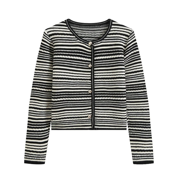Damen gestreifte Kurzstrickjacke mit Rundhals und dekorativen Knöpfen Echo Archiv