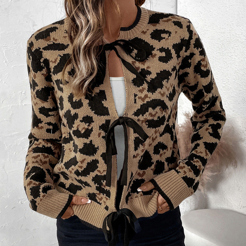 Damen Leopardmuster Strickcardigan mit Bindeschleifen und gerippten Bündchen Echoarchiv