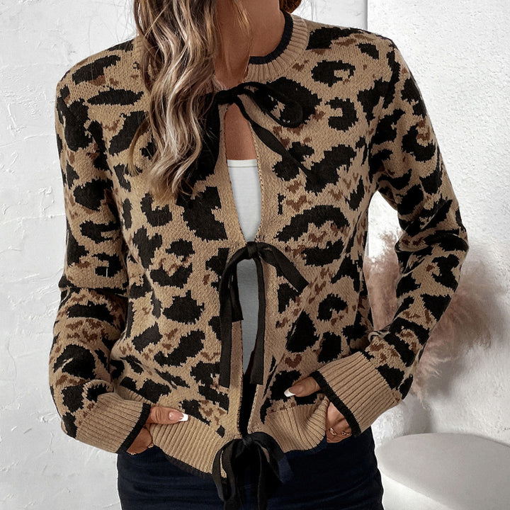 Damen Leopardmuster Strickcardigan mit Bindeschleifen und gerippten Bündchen Echoarchiv