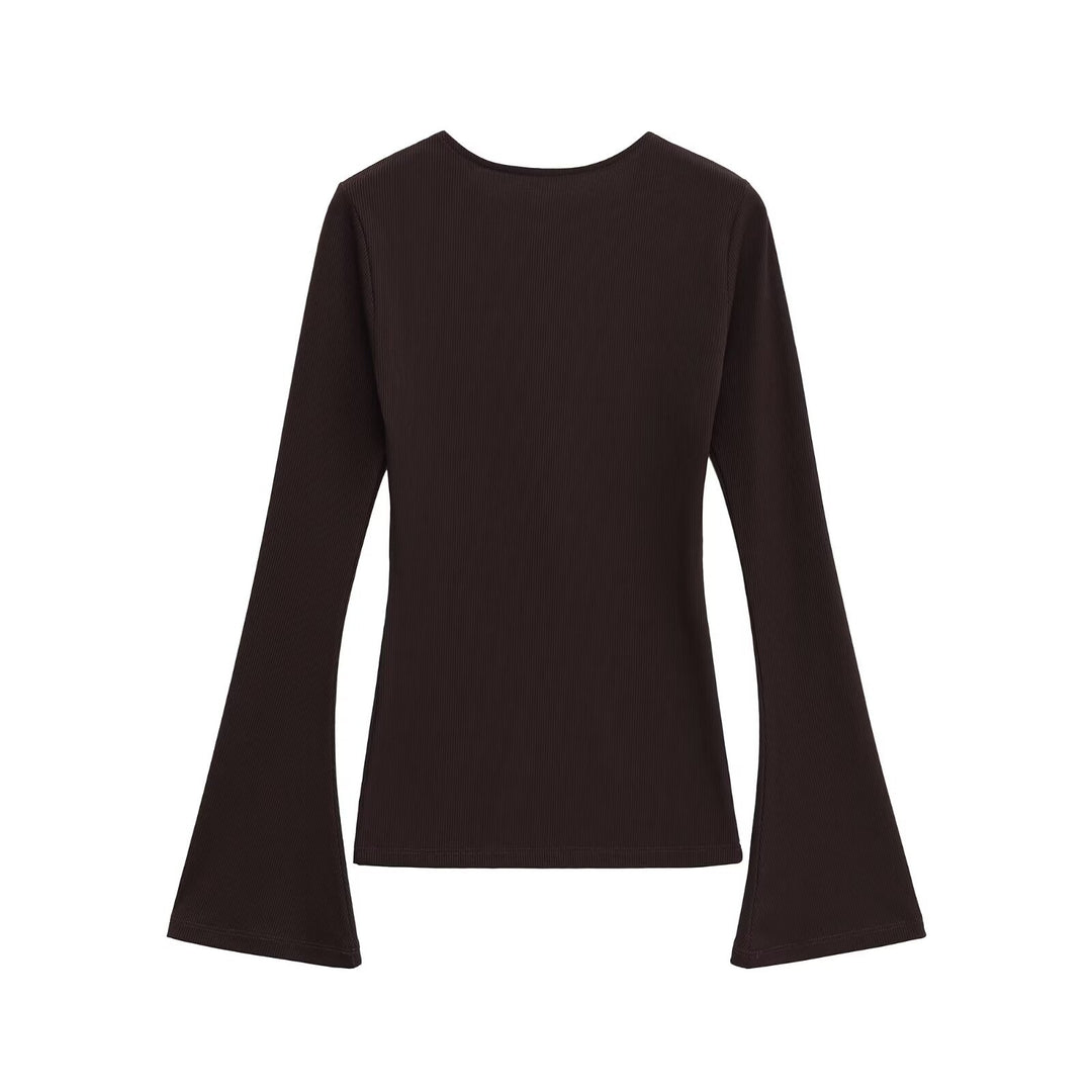 Damen Figurbetontes Rippshirt mit Carmenausschnitt und ausgestellten Schlagärmeln Echoarchiv