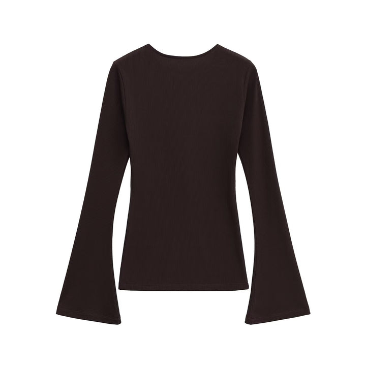 Damen Figurbetontes Rippshirt mit Carmenausschnitt und ausgestellten Schlagärmeln Echoarchiv