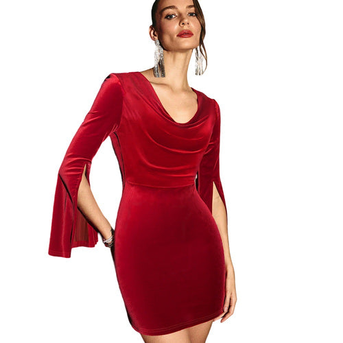Damen Samt-Minikleid mit Cowl-Ausschnitt, taillierter Bodycon-Silhouette und geschlitzten Glockenärmeln – Élara