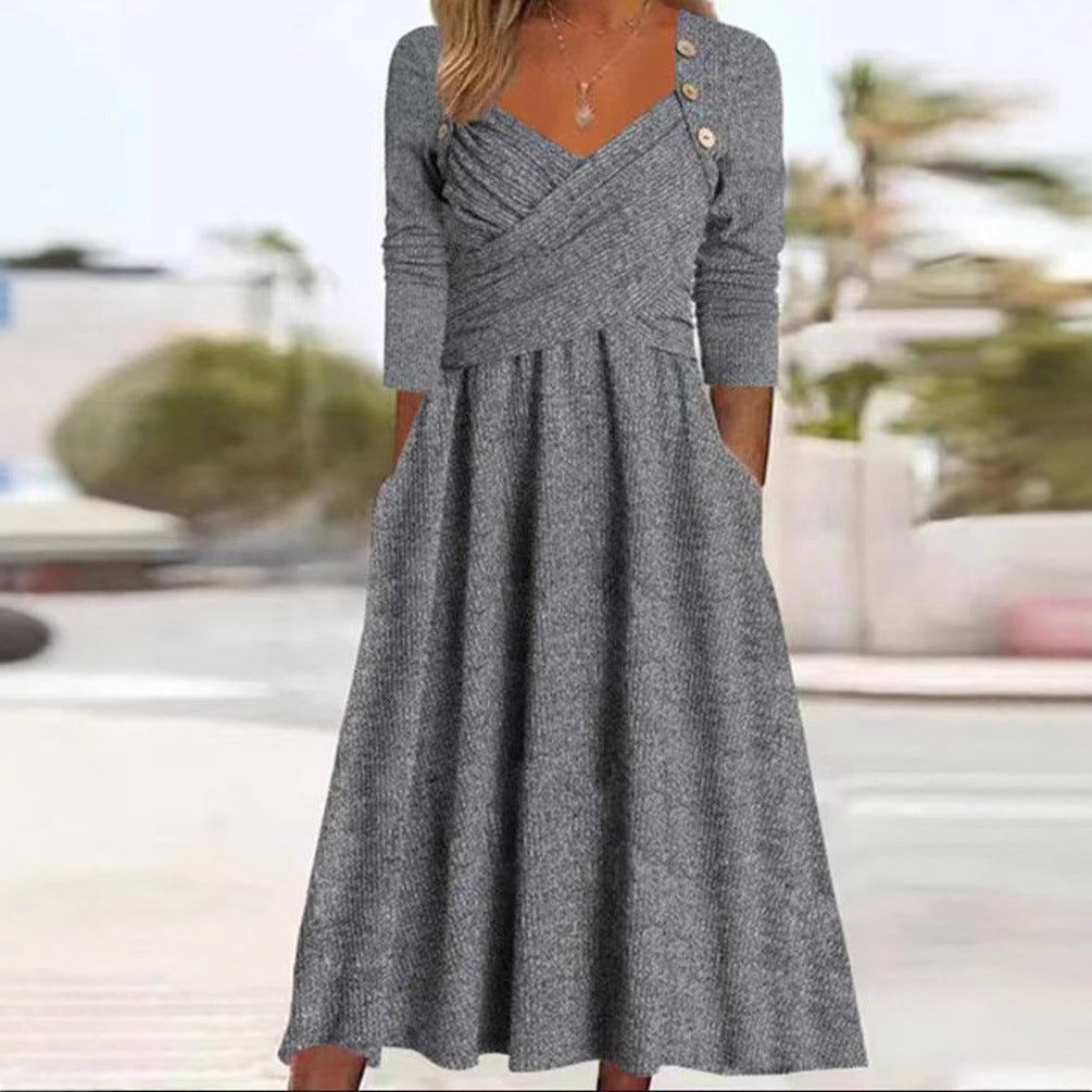 Damen nan legeres Strick-Maxikleid mit Wickeloberteil V-Ausschnitt Eingrifftaschen und Zierknopfleiste Echo Archiv