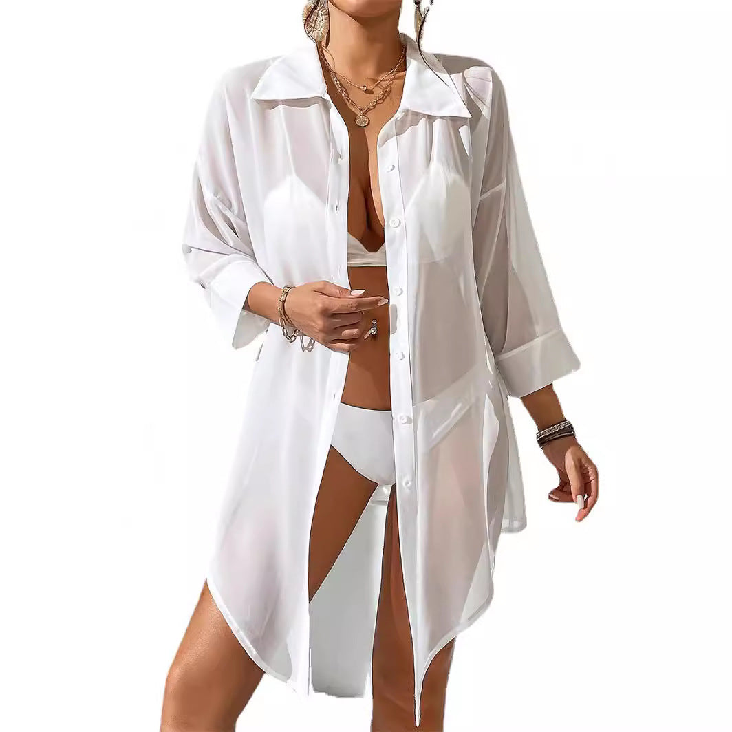 Damen lässige Strandbluse aus transparentem Stoff mit Knopfverschluss Echo Archiv