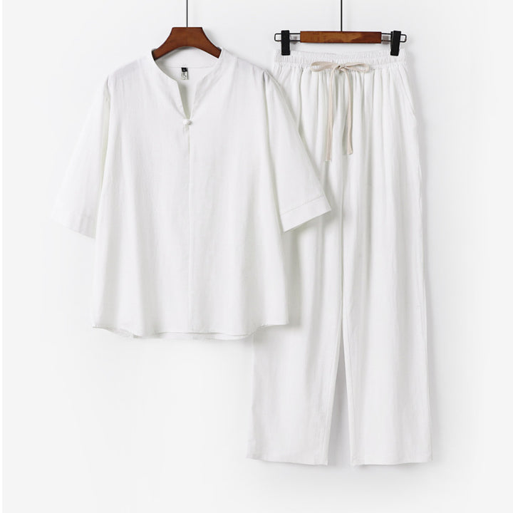 Unisex Lockeres Lounge-Set mit Stehkragen-Halbarmshirt und Elastischer Bundhose Echoarchiv