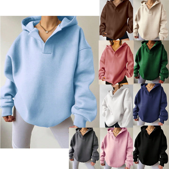 Damen Oversize-Kapuzenpullover aus schwerem Sweatstoff mit V‑Ausschnitt‑Detail und langen Rippbündchen – Auréline