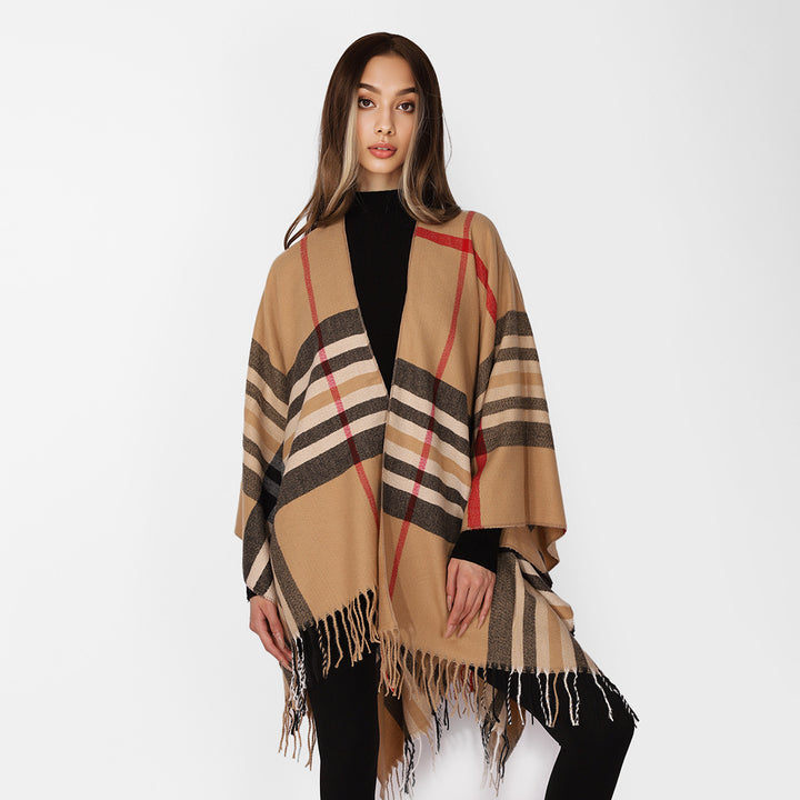Damen Karierter Wollmix-Poncho mit Fransen und offenem Kimono-Schnitt – Montévia