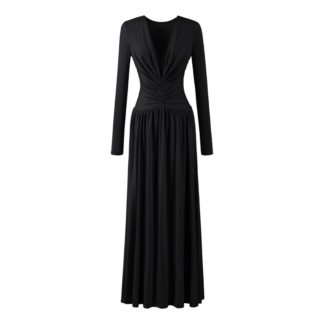 Damen Maxikleid mit gerafftem Wickeloberteil, tiefem V‑Ausschnitt und Spitzenbesatz Echoarchiv