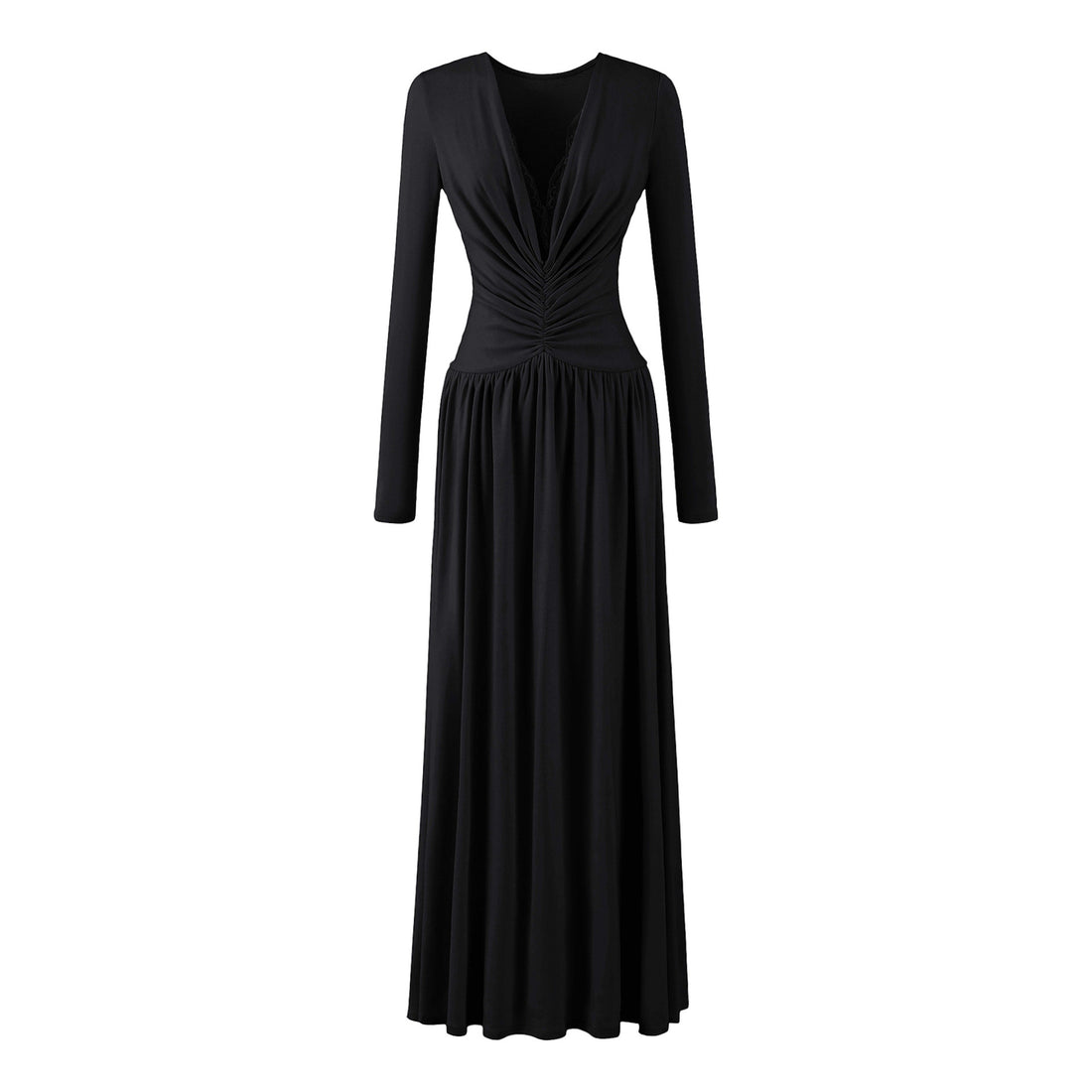 Damen Maxikleid mit gerafftem Wickeloberteil, tiefem V‑Ausschnitt und Spitzenbesatz Echoarchiv
