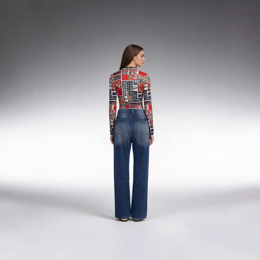 Damen nan hochgeschnittene Relaxed-Jeans mit weitem Bein, Knie-Rips und rohem Saum Echo Archiv