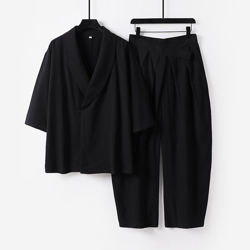 Damen Zweiteiliges Kimono-Loungewear-Set mit Schalkragen Kurzarm-Oberteil und hochtaillierter Plissee-Hose Echoarchiv