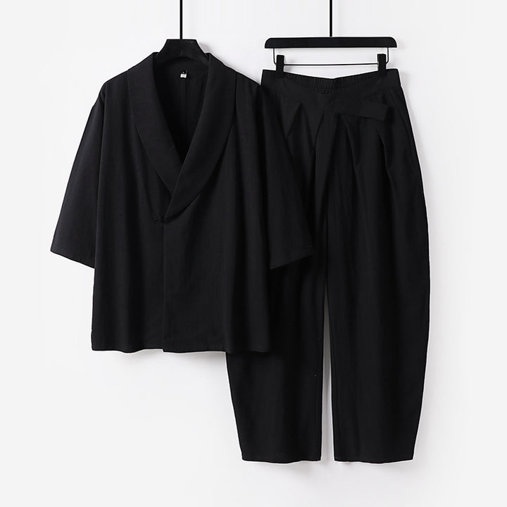 Damen Zweiteiliges Kimono-Loungewear-Set mit Schalkragen Kurzarm-Oberteil und hochtaillierter Plissee-Hose Echoarchiv