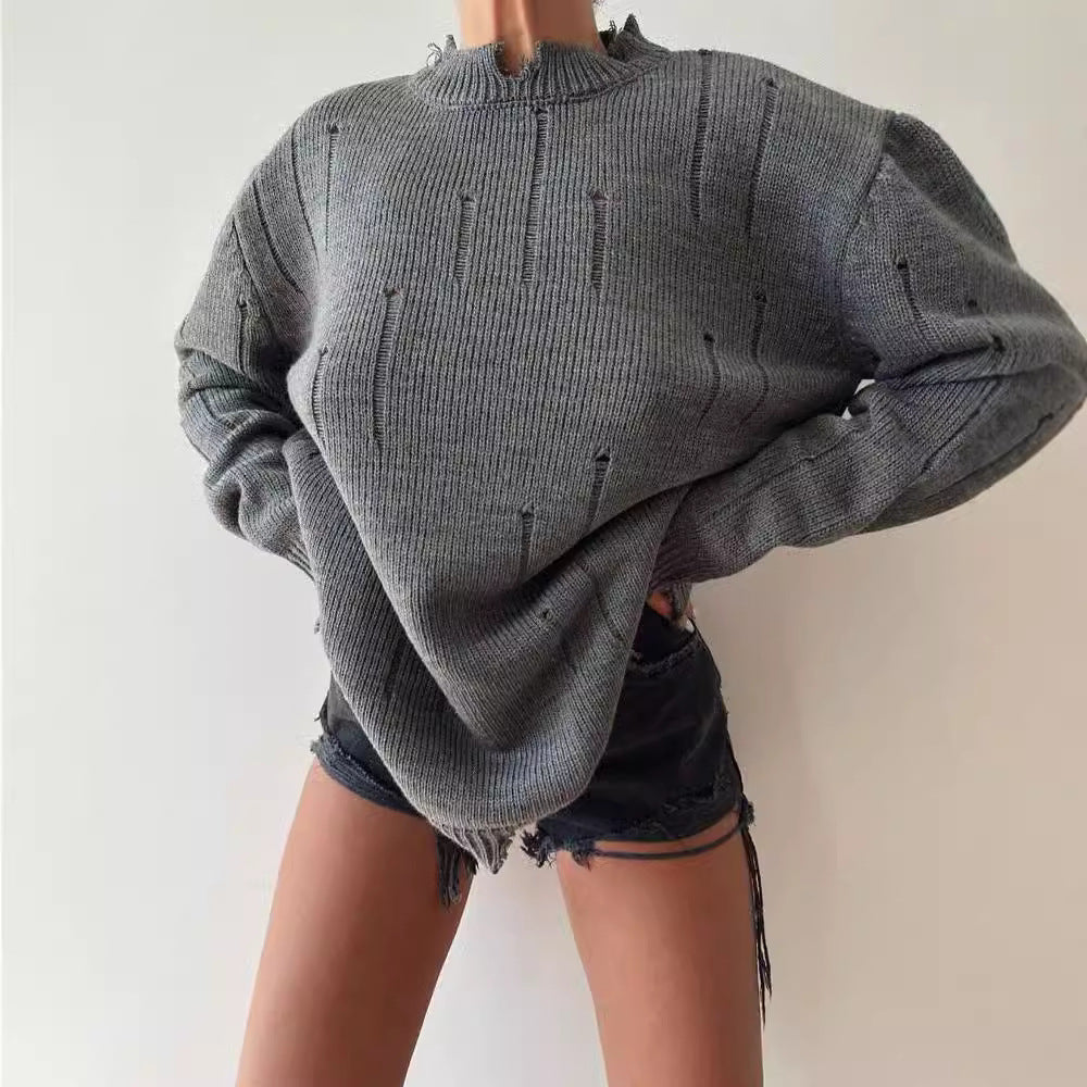 Damen Oversized Grobstrickpullover mit Distressed-Details und geripptem Saum Echoarchiv