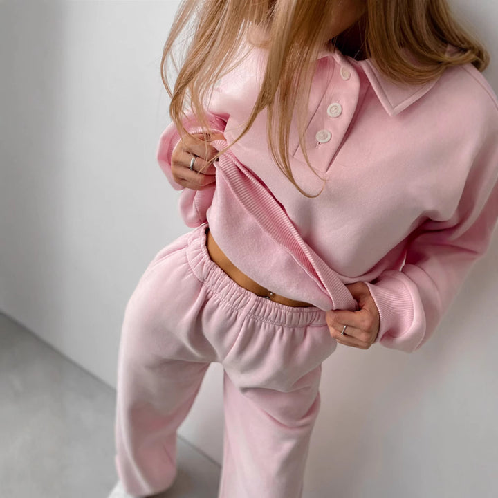 Damen Casual-Set aus schwerem French-Terry mit Polokragen-Cropped-Sweater und weitem High-Waist-Sweathose – Avérine