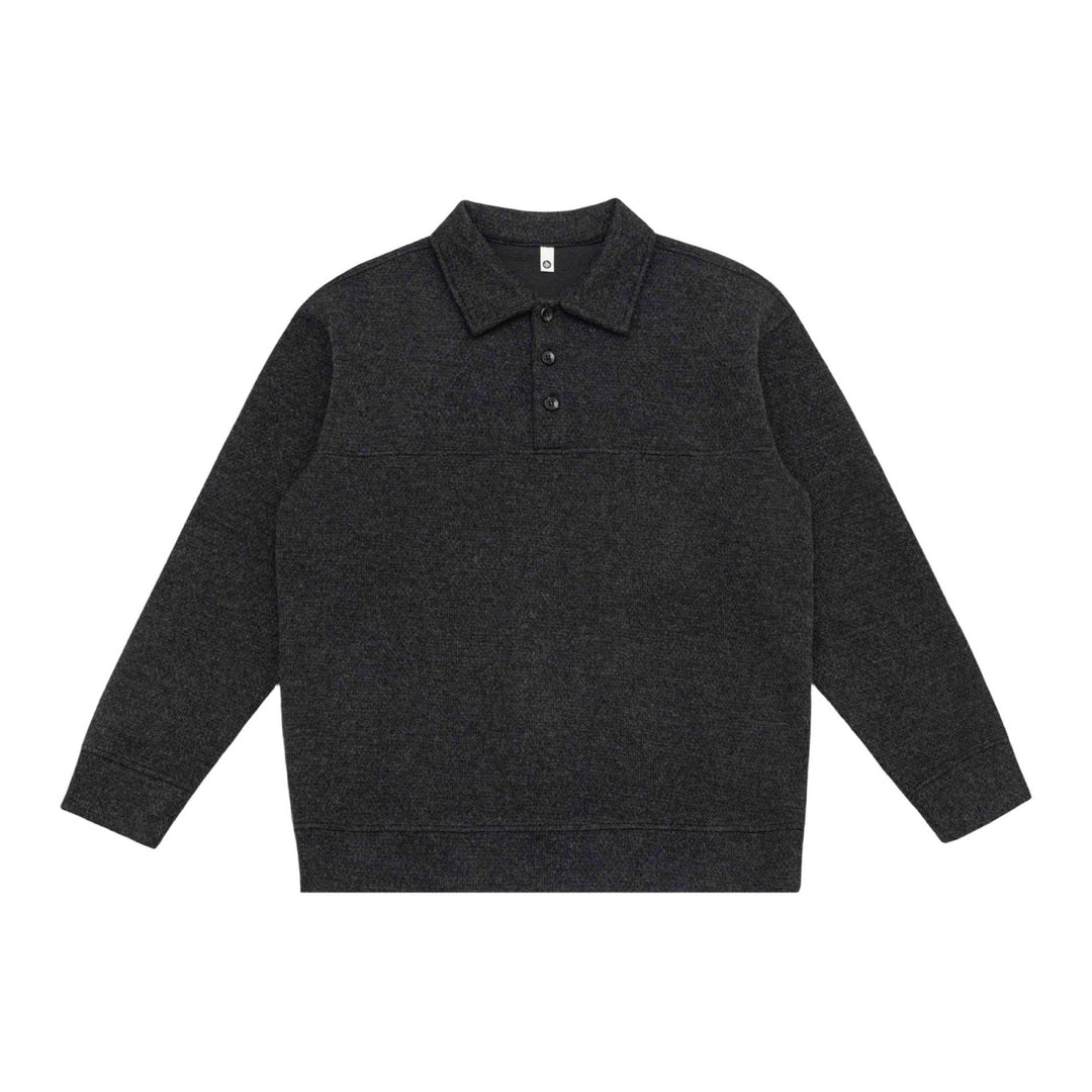 Unisex Feinstruktur-Polokragenpullover mit halber Knopfleiste und geripptem Saum Echoarchiv