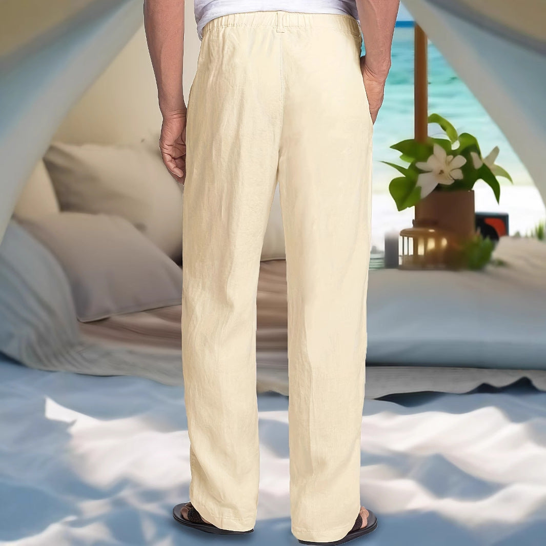 Herren Leichte Leinen-Baumwoll-Hose mit elastischem Bund, Kordelzug und geradem Bein Echoarchiv