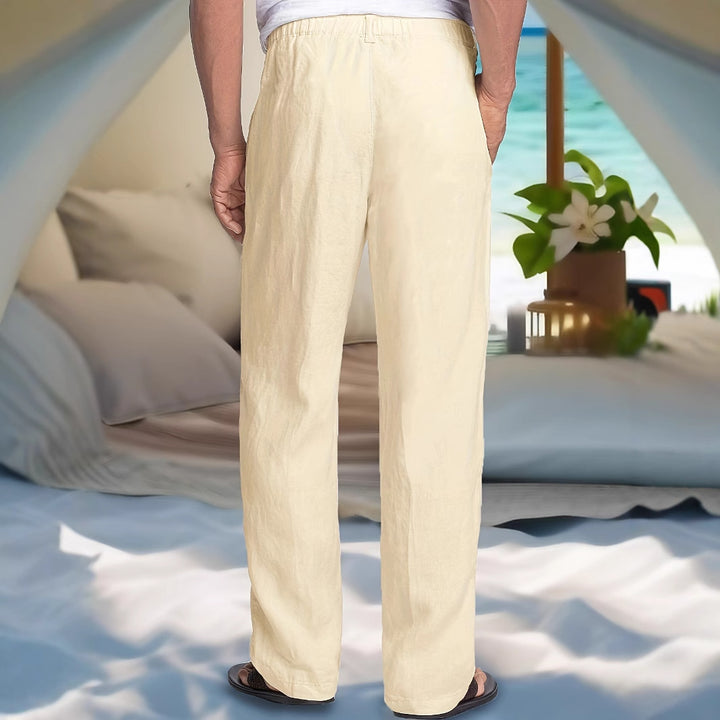 Herren Leichte Leinen-Baumwoll-Hose mit elastischem Bund, Kordelzug und geradem Bein Echoarchiv